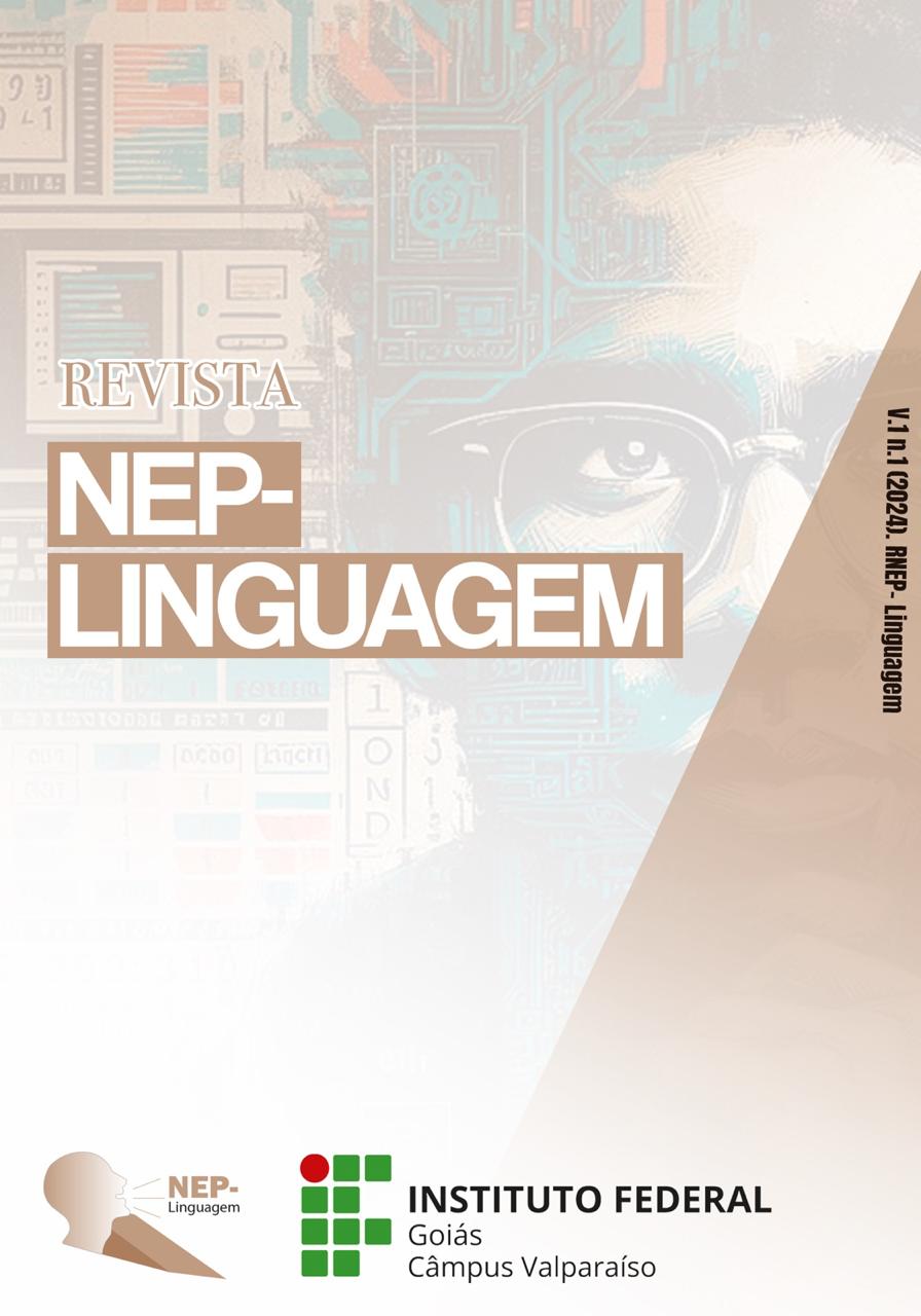 Homem negro de óculos cercado de tecnologia, do nome Revista NEP-Linguagem, da logo do NEP-Linguagem e do Câmpus Valparaíso de Goiás do IFG